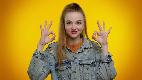 Teen Stylish Girl Looking Approvingly at Camera Showing Ok Gesture Like Sign Positive Something Good