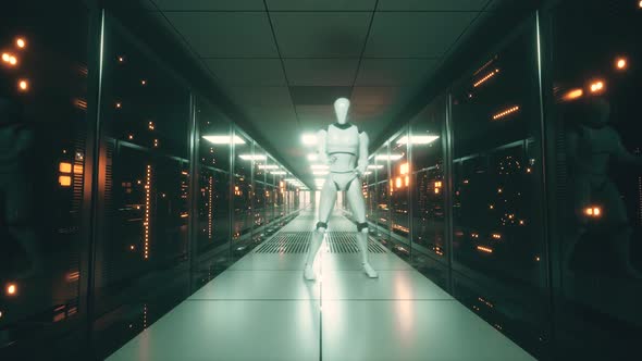 Dancing Robot in the Server Room. Data Servers Behind Glass Panels in the Server Room of the Data