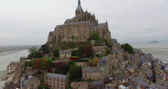 French Castle on a small island in France Le Mont Saint Michel Drone Shot Close Up In Normandy Typic