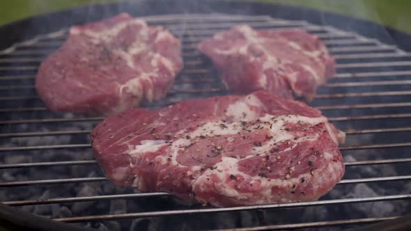 Cooking Juicy Raw Meat Steaks on the Bbq Grill