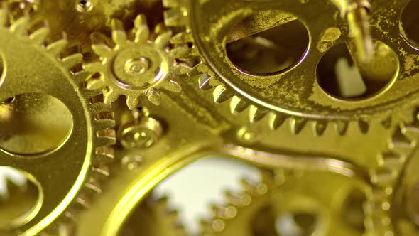 Golden Old Vintage Gears Mechanism Working Zoom In Close Up