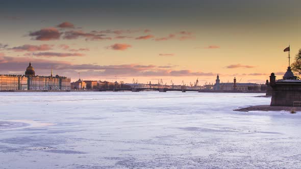 Russia SaintPetersburg Time Lapse of the Water Area of the Neva River at Sunset the Winter Palace