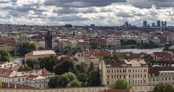 panorama time lapse view on prague during cloudy day from prague castle