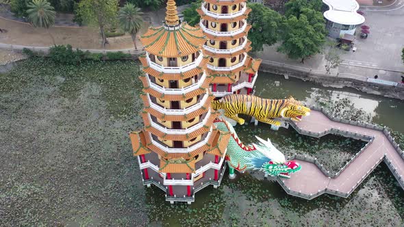 Clockwise Circular motion View of Spectacular Dragon And Tiger Pagodas Temple With Seven Story Tiere