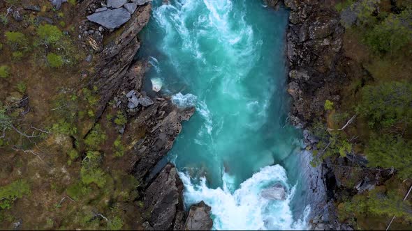 Drone Flight above mountain river Glomaga, Marmorslottet, Mo i Rana,Norway