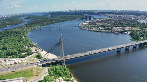 Aerial View of North Bridge in Kyiv Ukraine at Sunny Summer Day