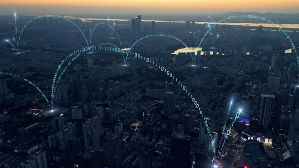 smart Connected city skyline. Futuristic network concept, city Technology.