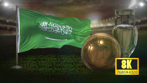 8K Saudi Arabia Flag with Football And Cup Background Loop