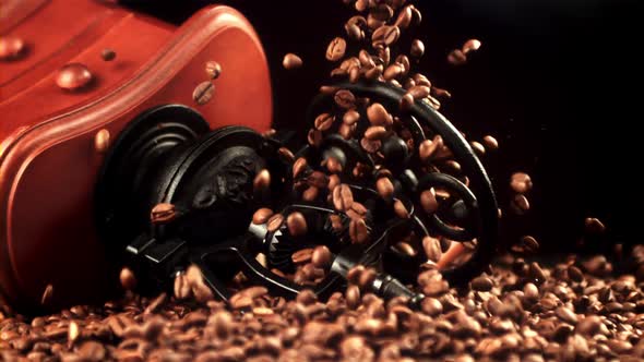 Super Slow Motion of Coffee Beans Fall on the Coffee Grinder