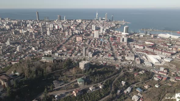 Aerial view of Batumi coastline, Port, harbor and bay, Georgia 2021