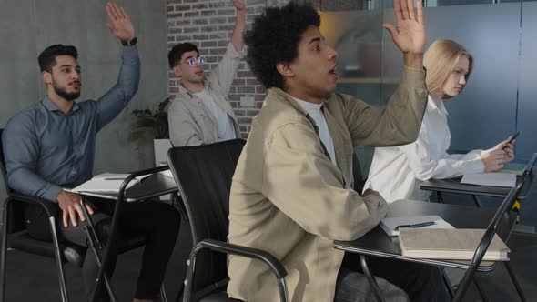 Students Sit at Desk in Classroom at Lesson Young Group People Classmates Listen to Lecture at