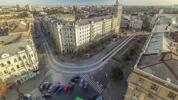 Constitution Square with Historical Buildings Aerial Timelapse in Kharkiv Ukraine