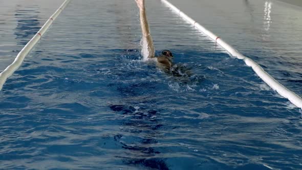 Sportsman in goggles swimming in pool during workout