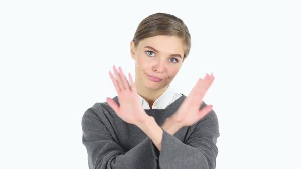 Rejecting Cross Hands Gesture By Woman White Background