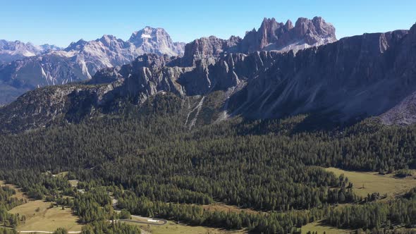Aerial and panoramic view of Dolomites mountains in the Alps in Italy