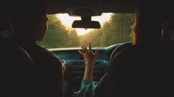 Two Happy Friends Enjoy Talk Travel in Car