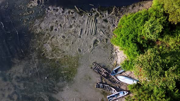 Aerial view abandoned wooden shipwreck