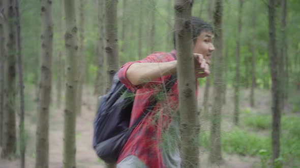 Asian backpacker man on hiking adventure freedom walking in forest, holidays near lots of tree.