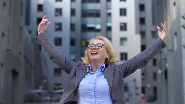 Cheerful Company Director Raising Hands Up, Life Work Satisfaction, Free Breath