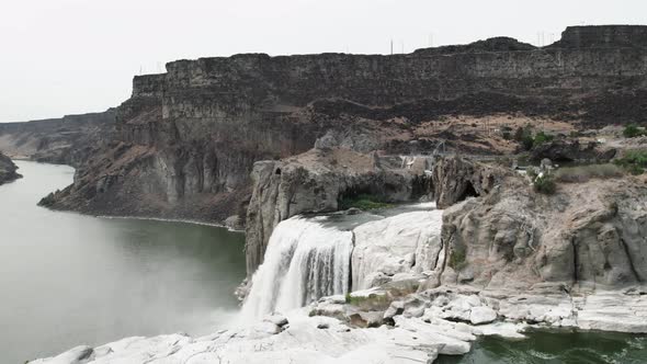 Waterfalls and Winding River in the Canyon of Twin Falls, Idaho Aerial Drone 4K