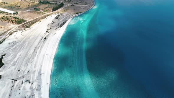 Aerial view of Salda Lake and in the summer season.With its white sandy beach and turquoise waters. 