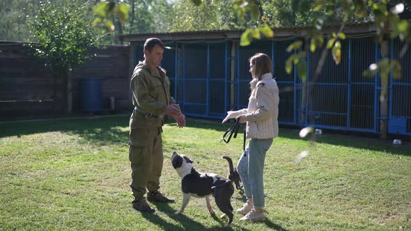 Side View Man Standing on Sunny Summer Meadow As Woman Walking in Slow Motion Passing Dog Collar to