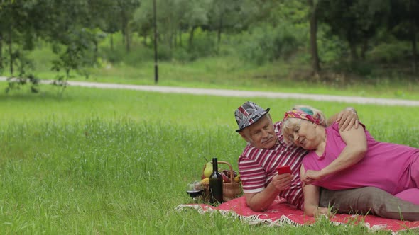 Family Weekend Picnic. Senior Old Grandparents Couple in Park Using Smartphone Online Browsing, Chat