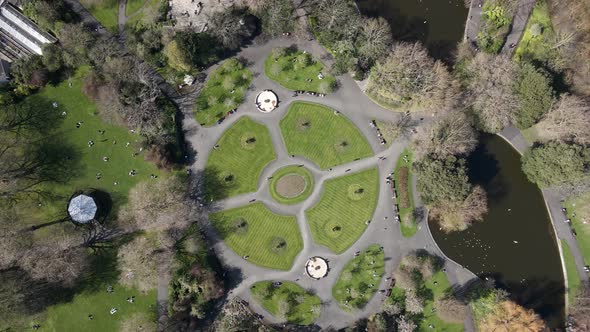 Drone shot of St. Stephen's Green in Dublin City Centre on a sunny day