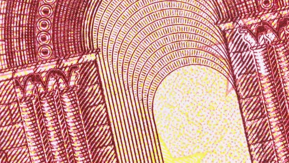 Ten euro bill surface art and details rotating, macro shot. Extreme close up, very close view.