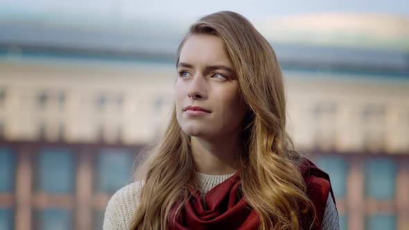 Young Woman Portrait at City Street, Portrait of Pretty Woman Standing