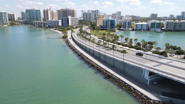 Beautiful downtown Sarasota as seen flying in from the Gulf beaches on John Ringling Causeway.  Turq