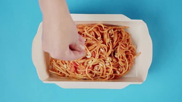 Food Delivery Top View Take Away Meal in Disposable Container on Blue Background