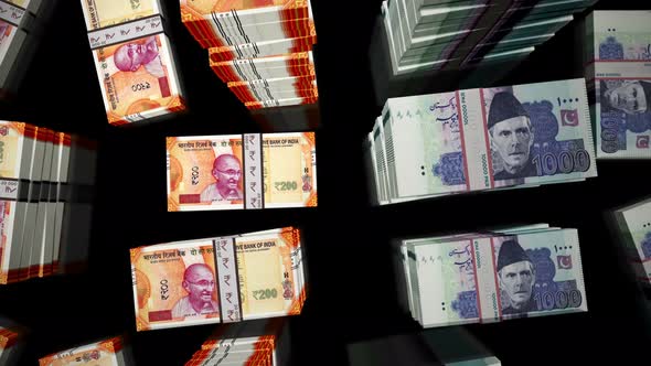 Flight over India and Pakistan Rupee money banknote packs loop