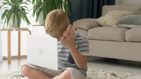 Smart little blonde boy, working on laptop and talking on the phone