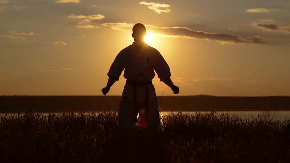 Silhouette of Man Training Karate at Sunset