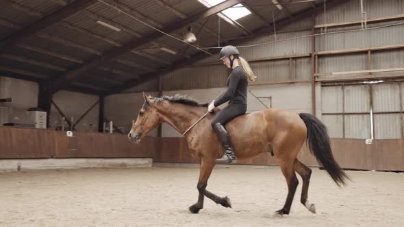 Smiling Woman Riding Bareback On Horse Around Paddock