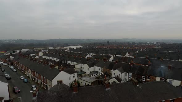 Aerial footage of Terrace Housing in one of Stoke on Trents poorer areas, poverty and urban decline,