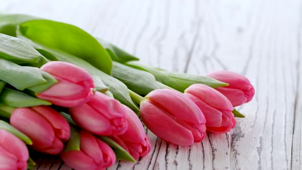 Bouquet of Pink Tulips on a White Wooden Background