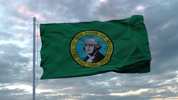 Realistic Flag of Washington - US State Waving in the Wind Against Deep Dramatic Sky