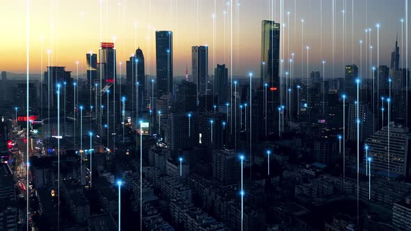 smart Connected city skyline. Futuristic network concept, city Technology.