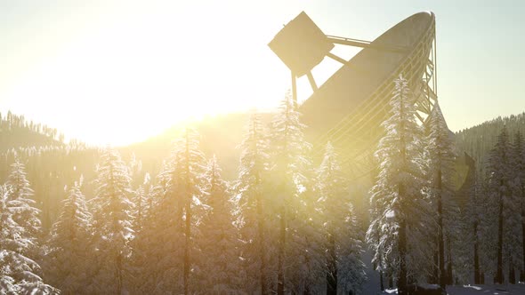 The Observatory Radio Telescope in Forest at Sunset