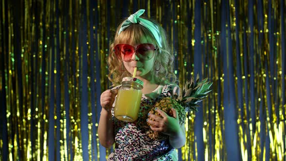 Trendy Stylish Child Kid with Pineapple Fruit Drinking Juice in Futuristic Club with Neon Light