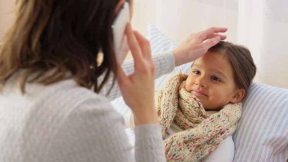 Ill Daughter and Mother Calling on Phone at Home