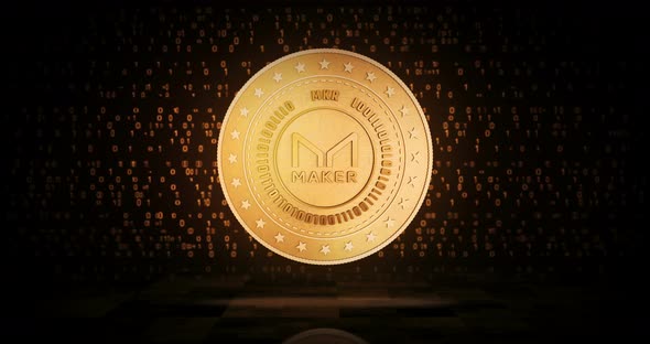 Maker MKR cryptocurrency golden coin loop on digital background