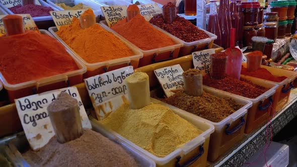 Various Oriental Spices and Seasonings on the Street Market in Georgia. Batumi.