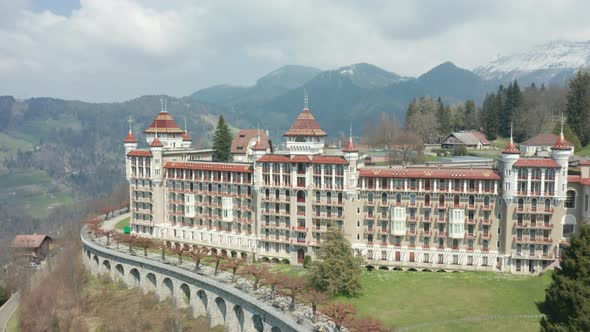 Flying fast to facade of beautiful hotel in Montreux, Switzerland