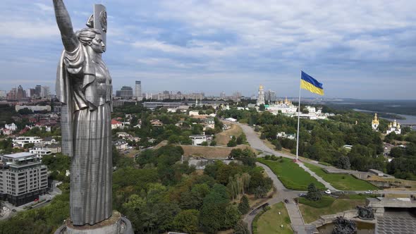 Motherland Monument in Kyiv, Ukraine By Day. Aerial View