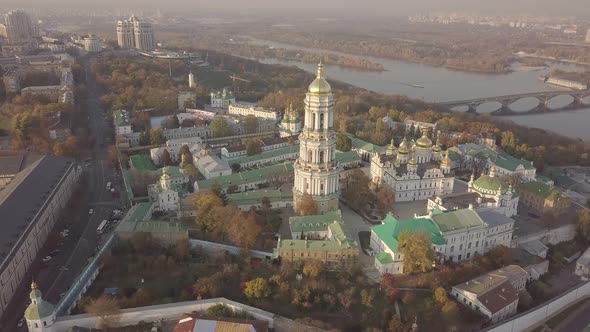 Aerial Kyiv Pechersk Lavra churches and monastery on hills of Dnipro river Ukraine