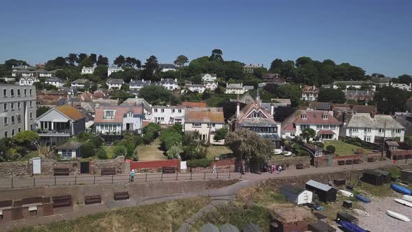 An aerial view of the beautiful pebble beaches of Budleigh Salterton, a small town on the Jurassic C