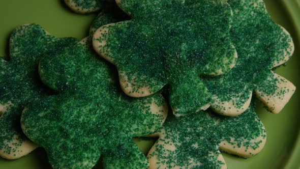 Cinematic, Rotating Shot of Saint Patty's Day Cookies on a Plate